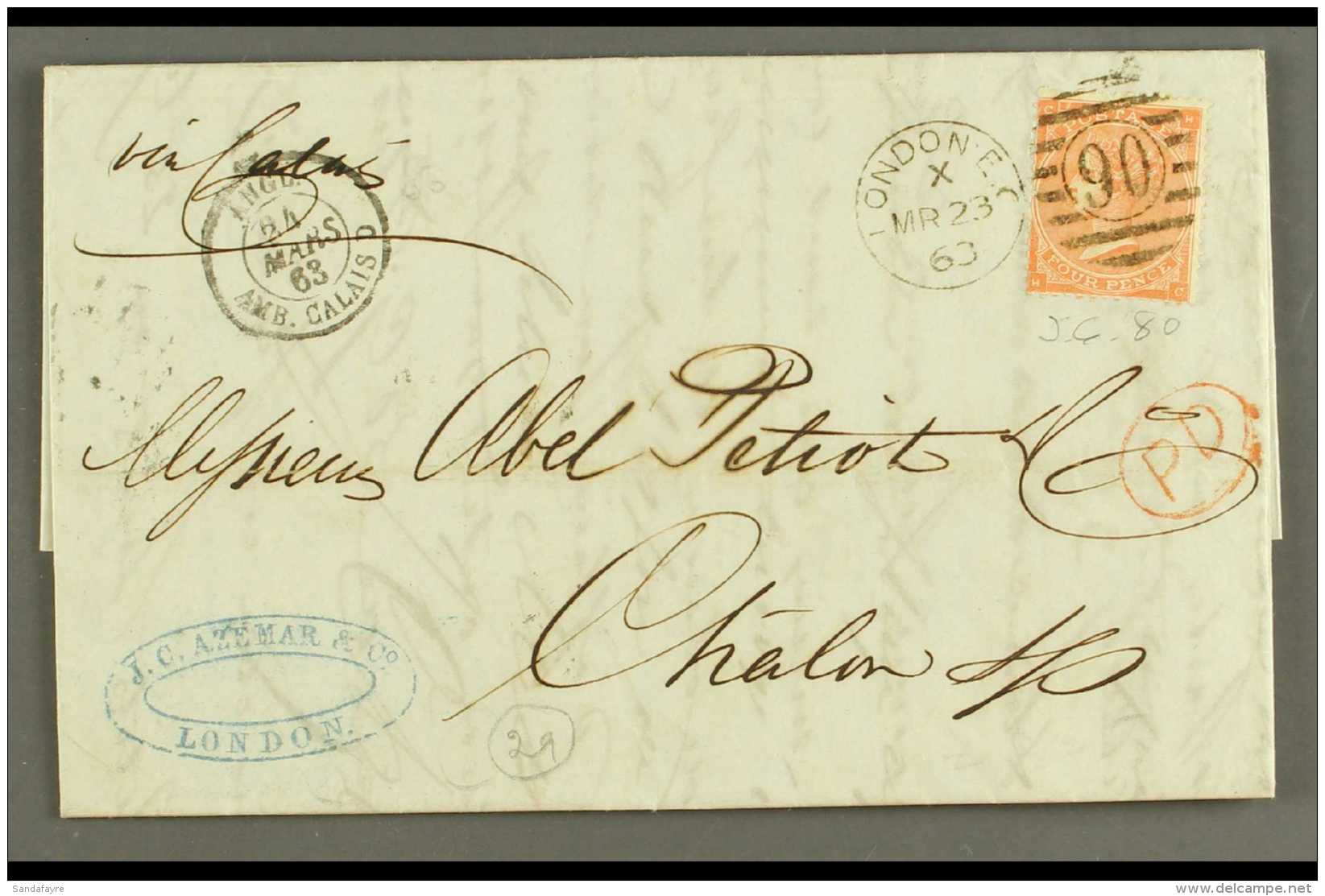 1863 (23 Mar) EL From London To Chalon, France Bearing A Fine Example Of The 1862 4d Pale Red 'small Letters'... - Sonstige & Ohne Zuordnung