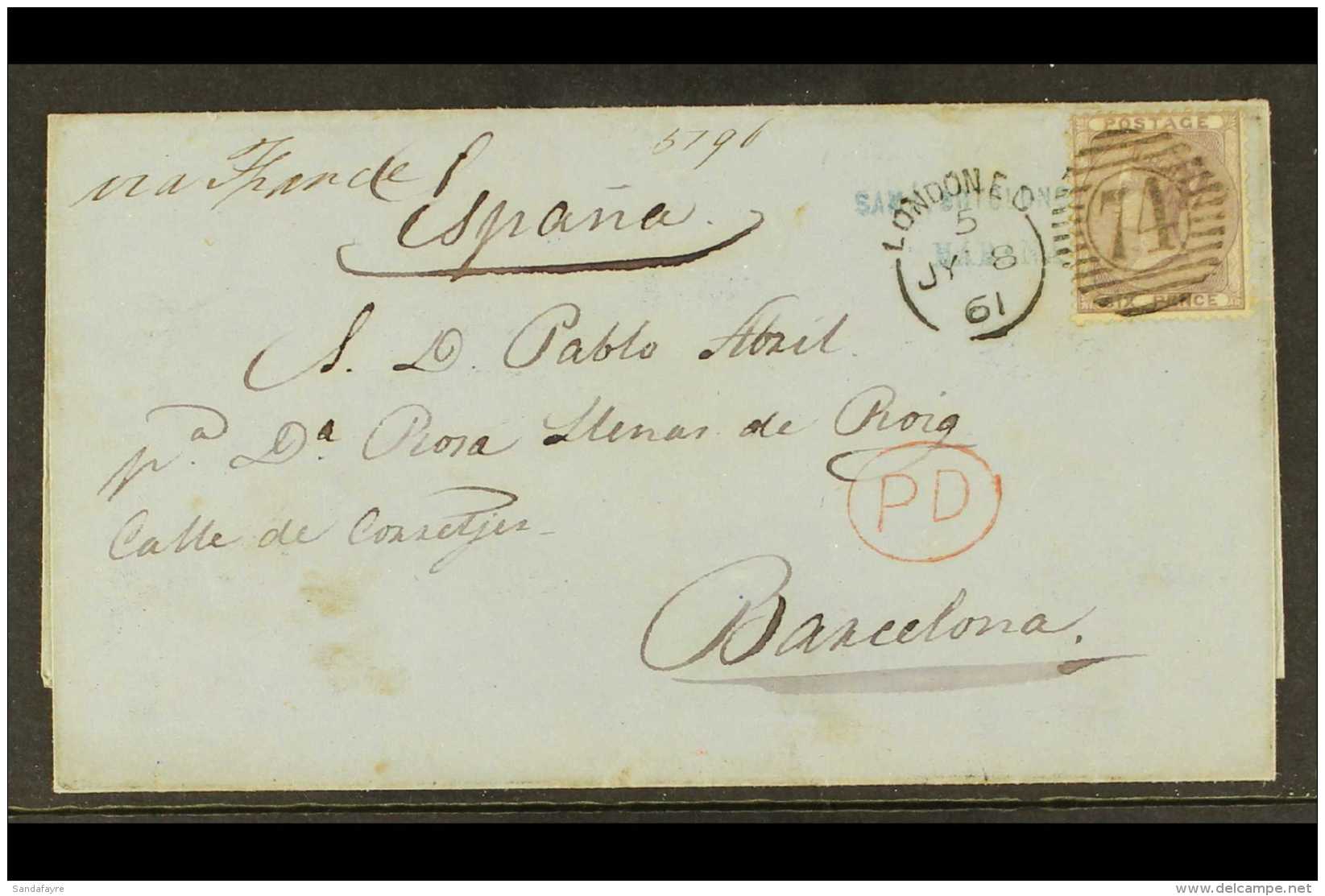 1861 E/L TO BARCELONA (July 8th) Bearing 1855-57 6d Lilac Tied By Crisp "London EC" Duplex, With Red "PD" In... - Sonstige & Ohne Zuordnung