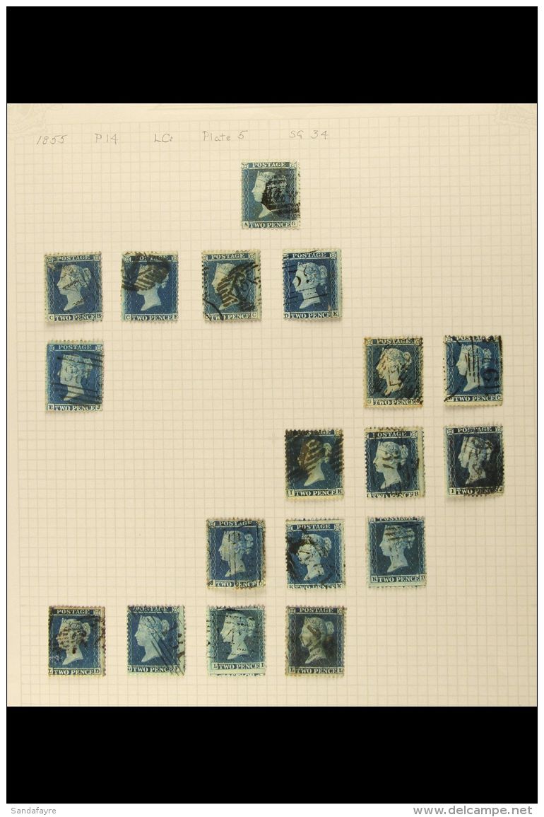 1855 2d Blue, Watermark Large Crown Perf 14, Plate 5 SG 34, ALL DIFFERENT Selection, Useful For Plate... - Sonstige & Ohne Zuordnung