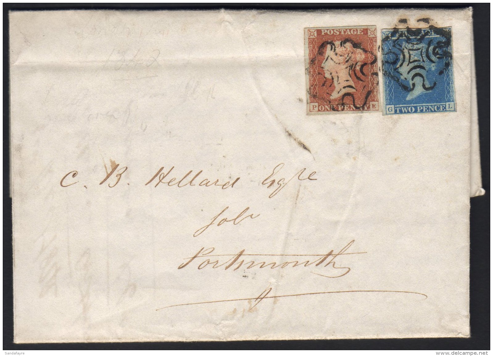 1841 MIXED FRANKING. 1842 (3 Dec) Beautiful EL From London To Portsmouth Bearing 1841 1d Red (3+ Margins) &amp; 2d... - Andere & Zonder Classificatie