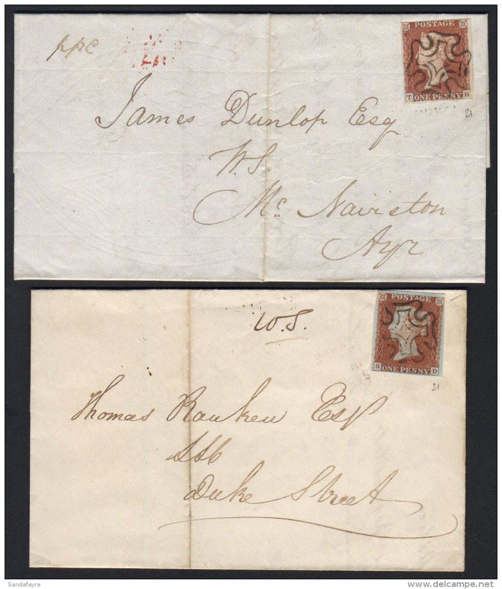 1841 1d Red Plate 21, Two Entires, Each Bearing A Fine Four Margined Stamp Lettered "RD" And "TH", Cancelled By... - Andere & Zonder Classificatie