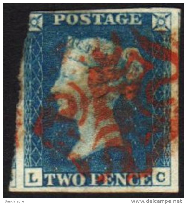 1840 2d Blue 'LC' Plate 2, SG 5, Used With Large / Huge Margins But Cut Into At Top Left Corner &amp; Red MC Pmk.... - Otros & Sin Clasificación