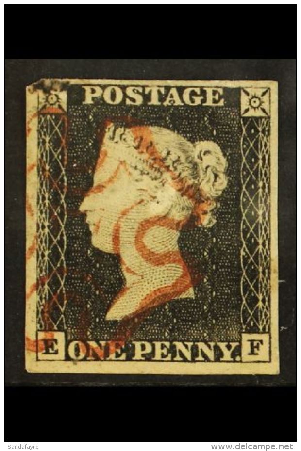 1840 1d Black 'EF' Plate 5, SG 2, Used With 4 Large Neat Margins &amp; Crisp Red MC Cancel, Slightly Rounded... - Unclassified