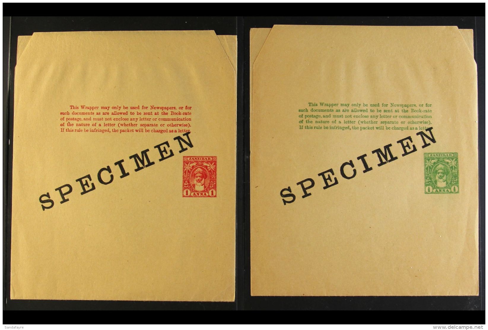 POSTAL STATIONERY 1899-1901 &frac12;a Yellow-green And 1a Carmine Wrappers, Each Overprinted "SPECIMEN", Fine... - Zanzibar (...-1963)