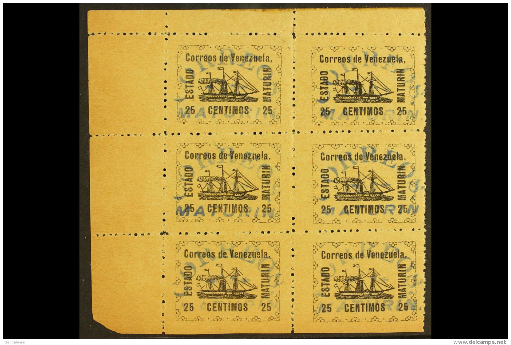 MATURIN LOCAL ISSUE 1903 25c Black On Yellow Ship, Michel 36, Never Hinged Mint Corner BLOCK Of 6 (2x3) With... - Venezuela