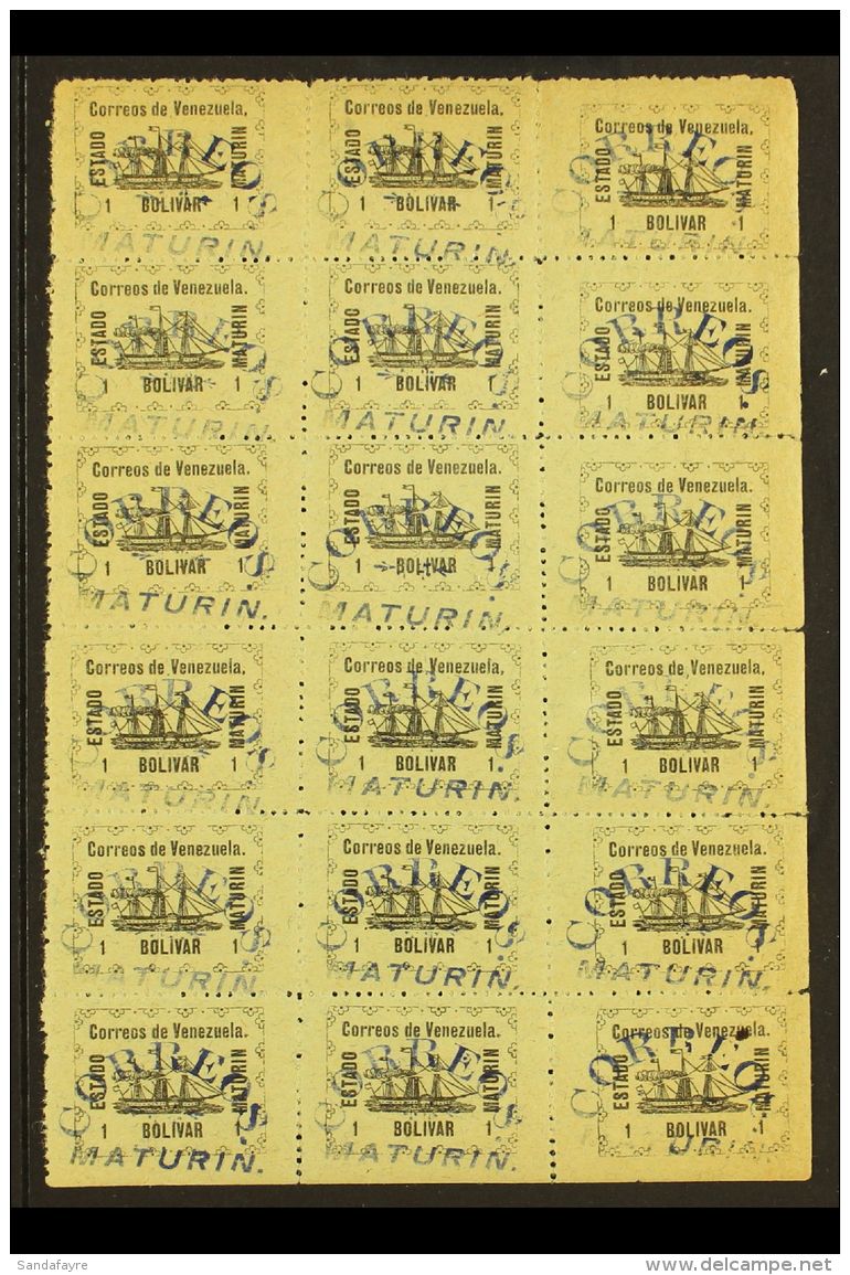 MATURIN LOCAL ISSUE 1903 1b Black On Grey Ship, Michel 38, Never Hinged Mint BLOCK Of 18 (3x6) With "Correos... - Venezuela