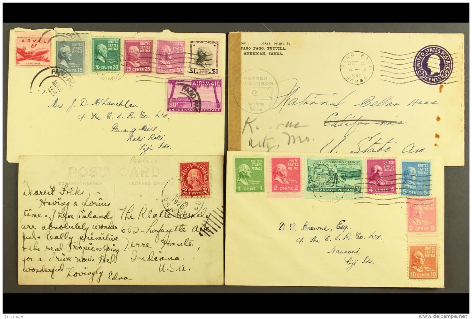 AMERICAN SAMOA 1926-1953 COVERS &amp; CARD 1926 Picture Postcard, 1943 Ps Envelope With "American Samoa" Censor... - Sonstige & Ohne Zuordnung