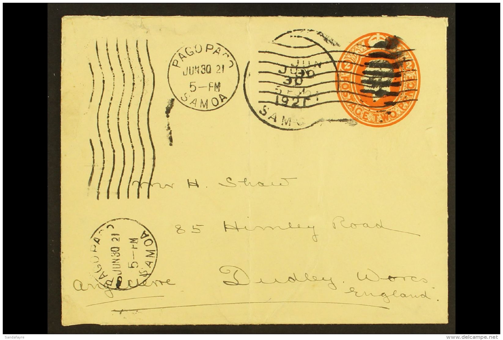 AMERICAN SAMOA GB USED IN 1921 (30 June) 2d Orange Postal Stationery Envelope Addressed To England, Cancelled By... - Autres & Non Classés