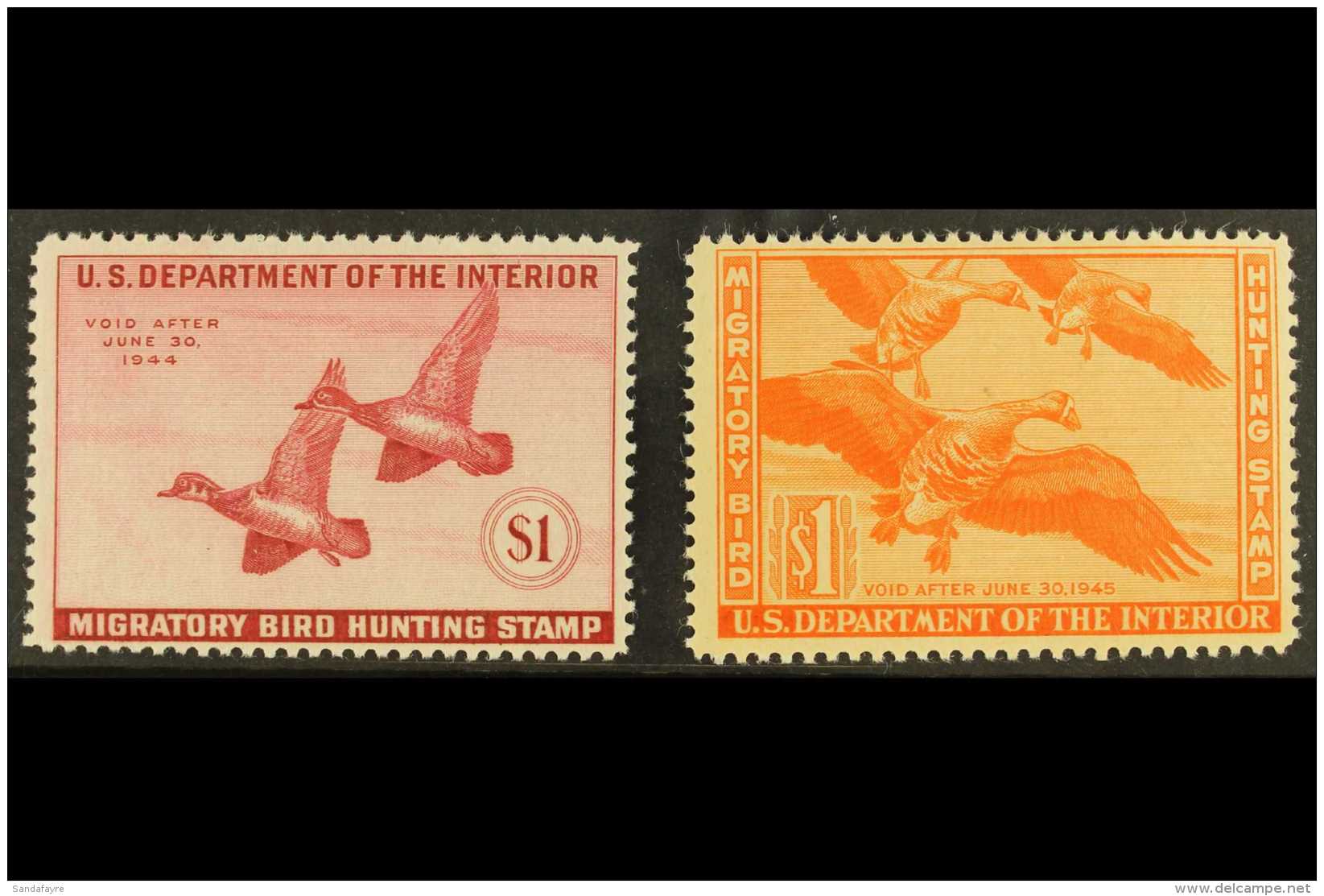 DUCK HUNTING STAMPS 1943 $1 Deep Rose Plus 1944 $1 Red-orange, Scott RW11/12, Never Hinged Mint, Minor... - Andere & Zonder Classificatie