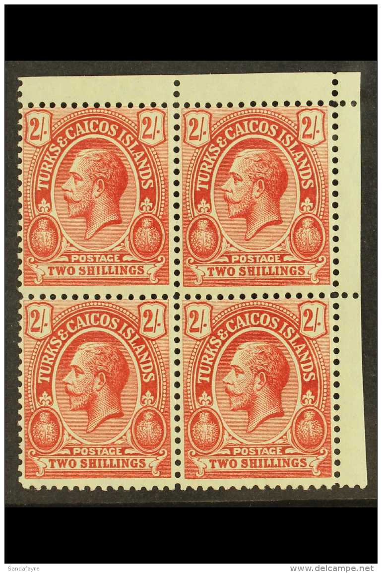 1913-21 2s Red On Greenish White, SG 138a, Superb Never Hinged Mint Corner BLOCK Of 4. Very Fresh &amp;... - Turks & Caicos (I. Turques Et Caïques)