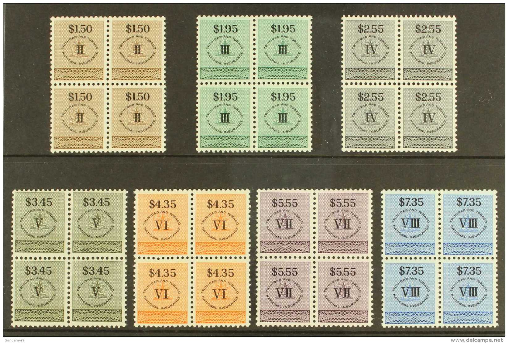 REVENUES 1960 National Insurance Set From $1.50 To $7.35, Barefoot 3/9, Each As Superb Never Hinged Mint Blocks Of... - Trinité & Tobago (...-1961)