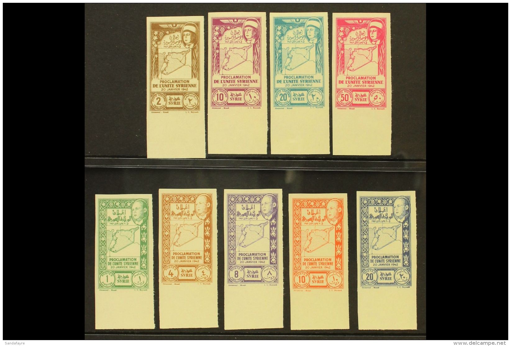 1943 Union Complete IMPERF Set Inc Airs (Yvert 266/70 &amp; 97/100, SG 367/75), Never Hinged Mint Matching Bottom... - Syria