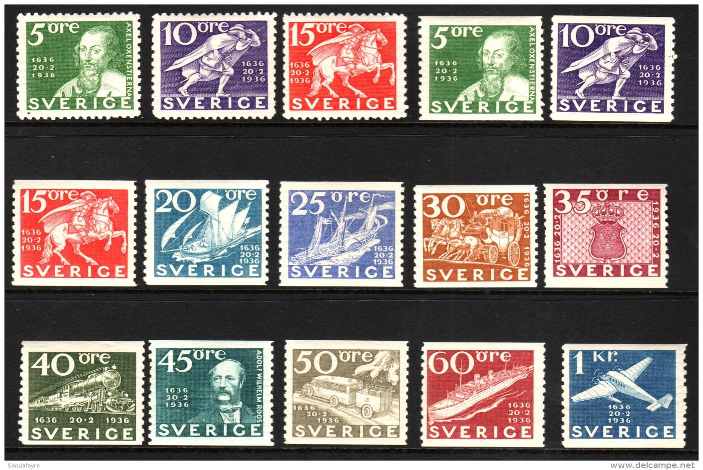 1936 Tercentenary Of Swedish Post Complete Imperf X Perf 10 Set, Mi 227/238, Plus Additional 5 Ore, 10 Ore And 15... - Sonstige & Ohne Zuordnung