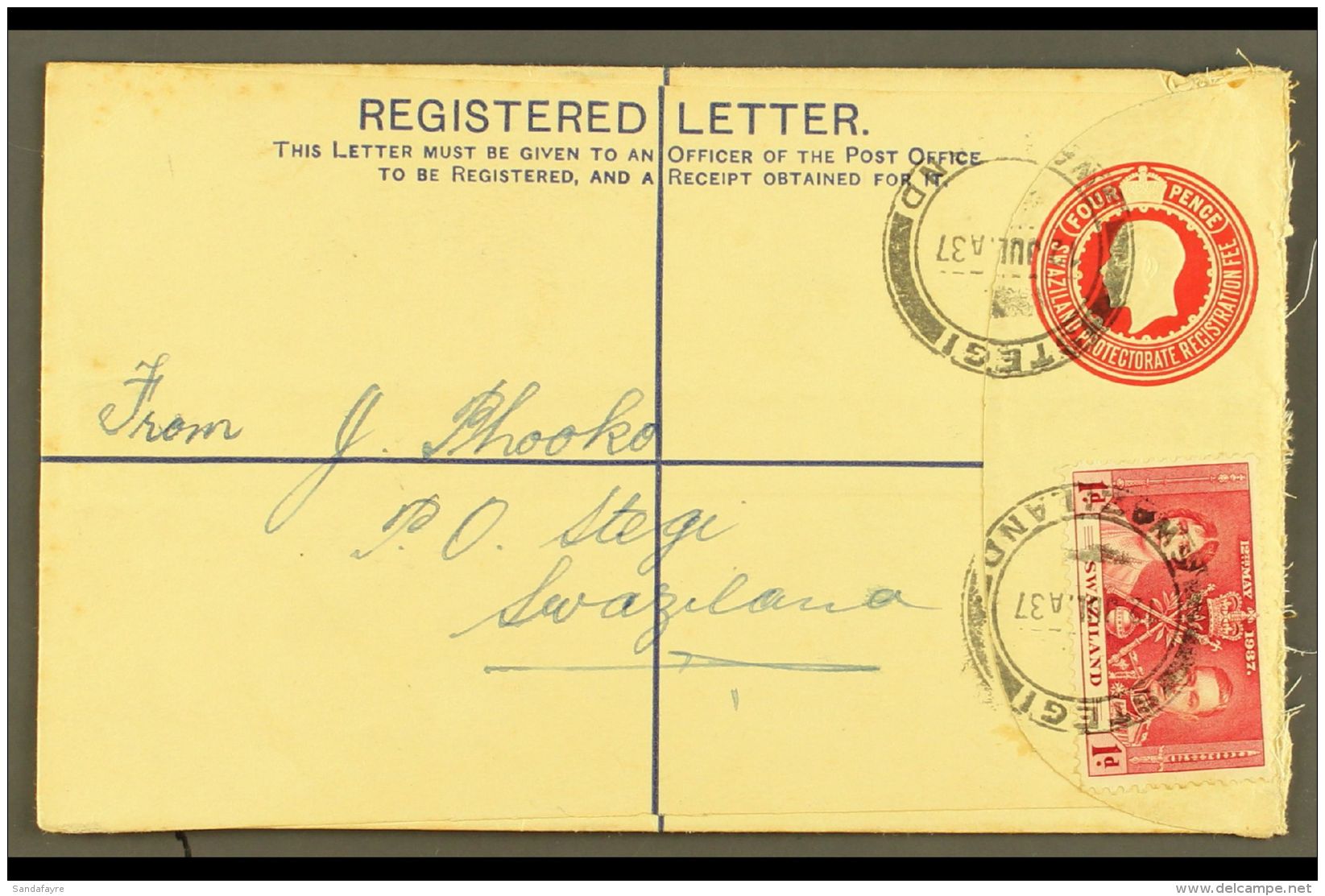 POSTAL STATIONERY KGV Registered Cover, Used At Stegi, Clear 12.7.37 Postmarks, Sent To Pretoria, 1d KGVI... - Swaziland (...-1967)