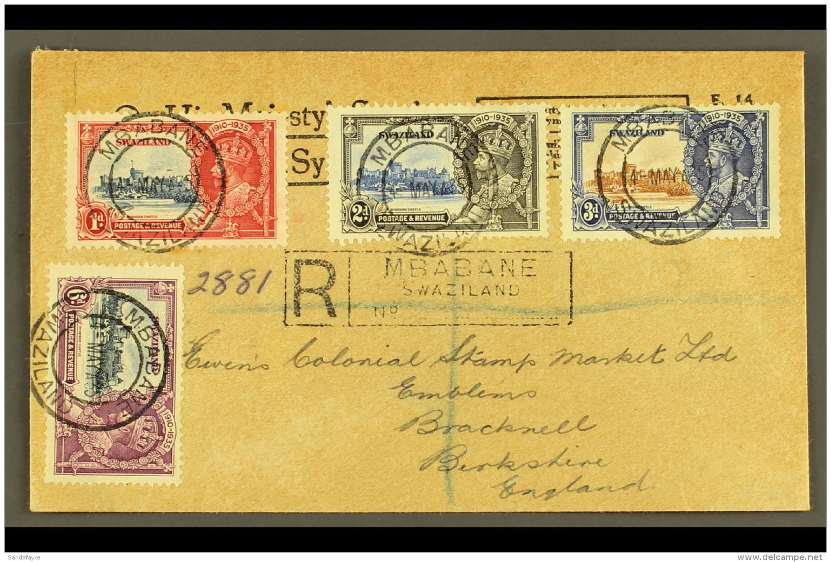 1935 Silver Jubilee Set Used On Registered, O.H.M.S. Cover To England, SG 21/4, Each Stamp Tied By Clear Mbabane... - Swaziland (...-1967)