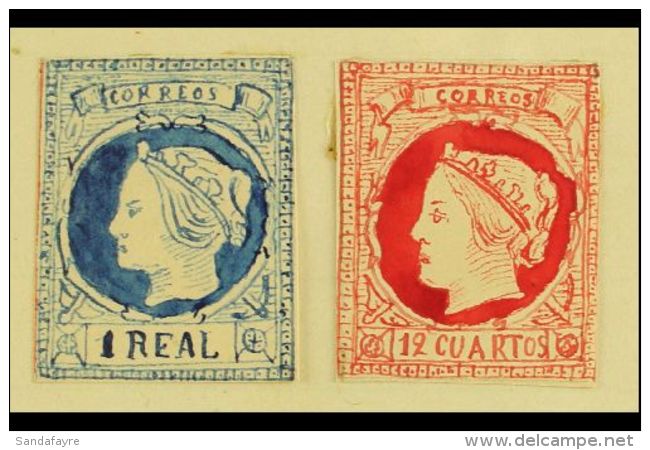 1861 HAND PAINTED STAMPS Unique Miniature Artworks Created By A French "Timbrophile" In 1861. Queen Isabella II... - Other & Unclassified