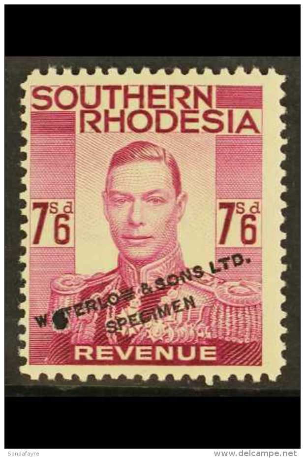 REVENUE COLOUR TRIAL. 1937 7s6d Purple (issued In Black, Barefoot 19) With Small Punch Hole And Black "Waterlow... - Südrhodesien (...-1964)