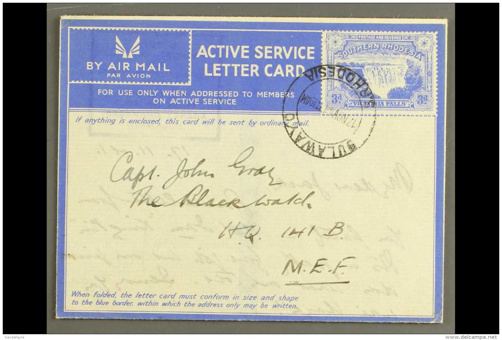 ACTIVE SERVICE LETTER CARD 1941 3d Ultramarine On White With Overlay, H&amp;G 1, Very Fine Used With "Bulawayo 17... - Southern Rhodesia (...-1964)