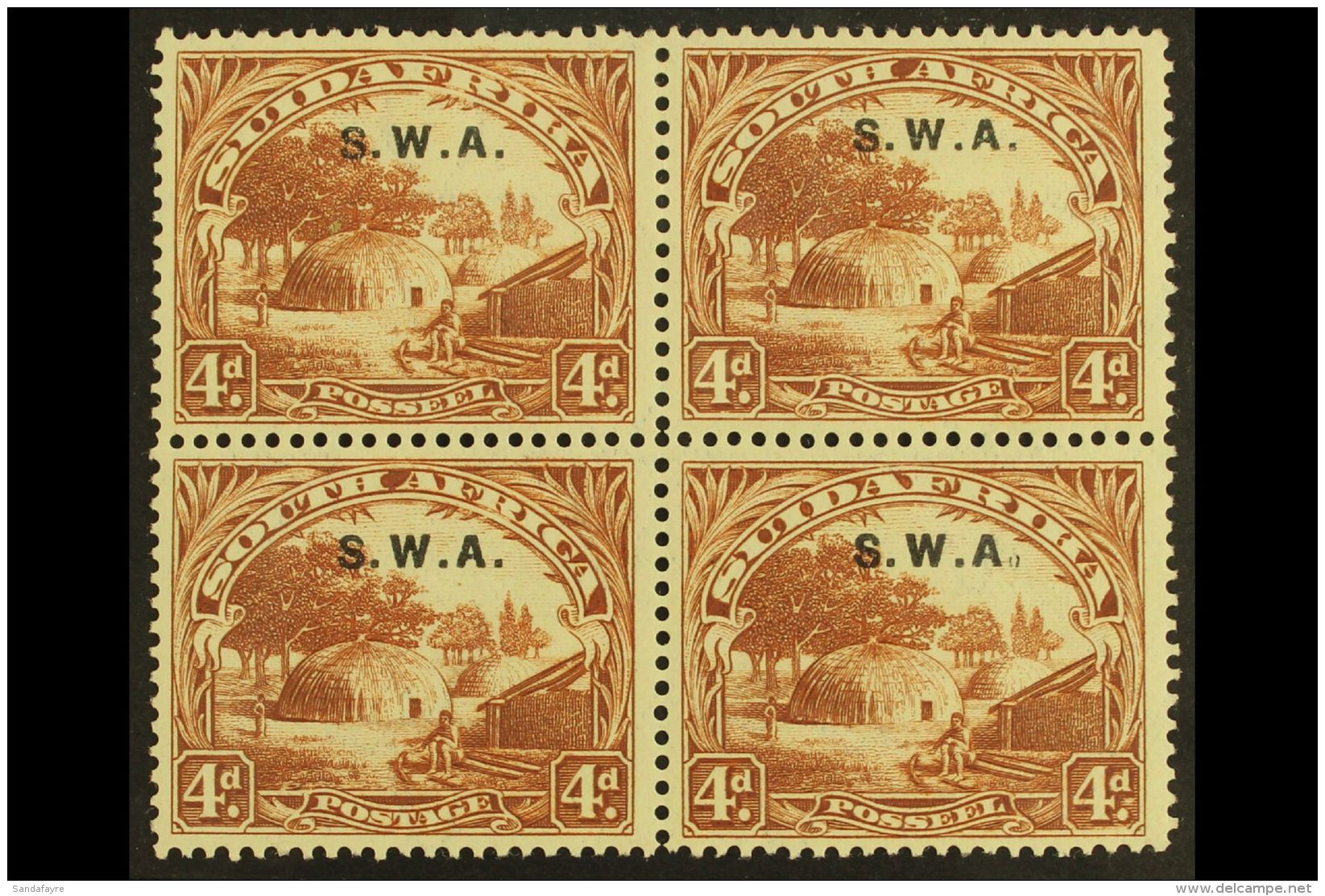 1927-30 4d Brown, Perf.14x13&frac12;, Broken Stop After "A" Variety, SG 62b, Very Fine/never Hinged Mint Block Of... - Südwestafrika (1923-1990)