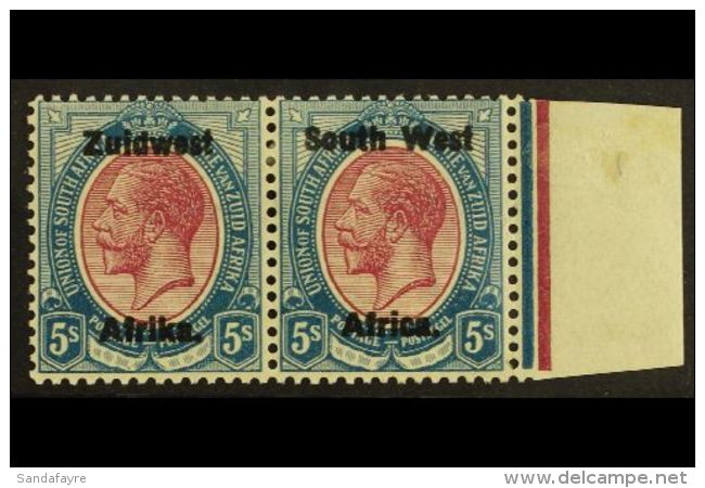 1923-6 Setting III, 5s Purple &amp; Blue, Thick Ovpt, SG 25, Very Fine Mint Horizontal Pair. For More Images,... - Südwestafrika (1923-1990)