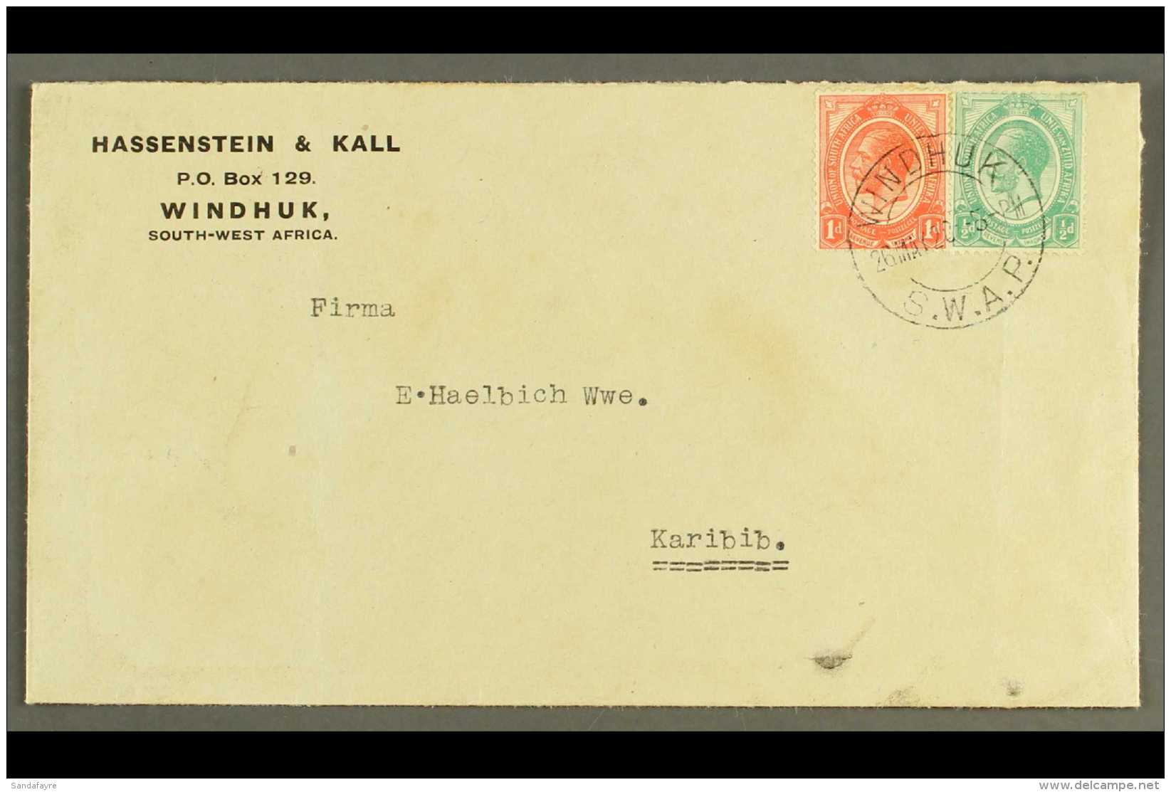 1920 (26 May) Printed Env To Karibib Bearing &frac12;d And 1d Union Stamps Tied By A Superb "WINDHUK S.W.A.P." Cds... - South West Africa (1923-1990)