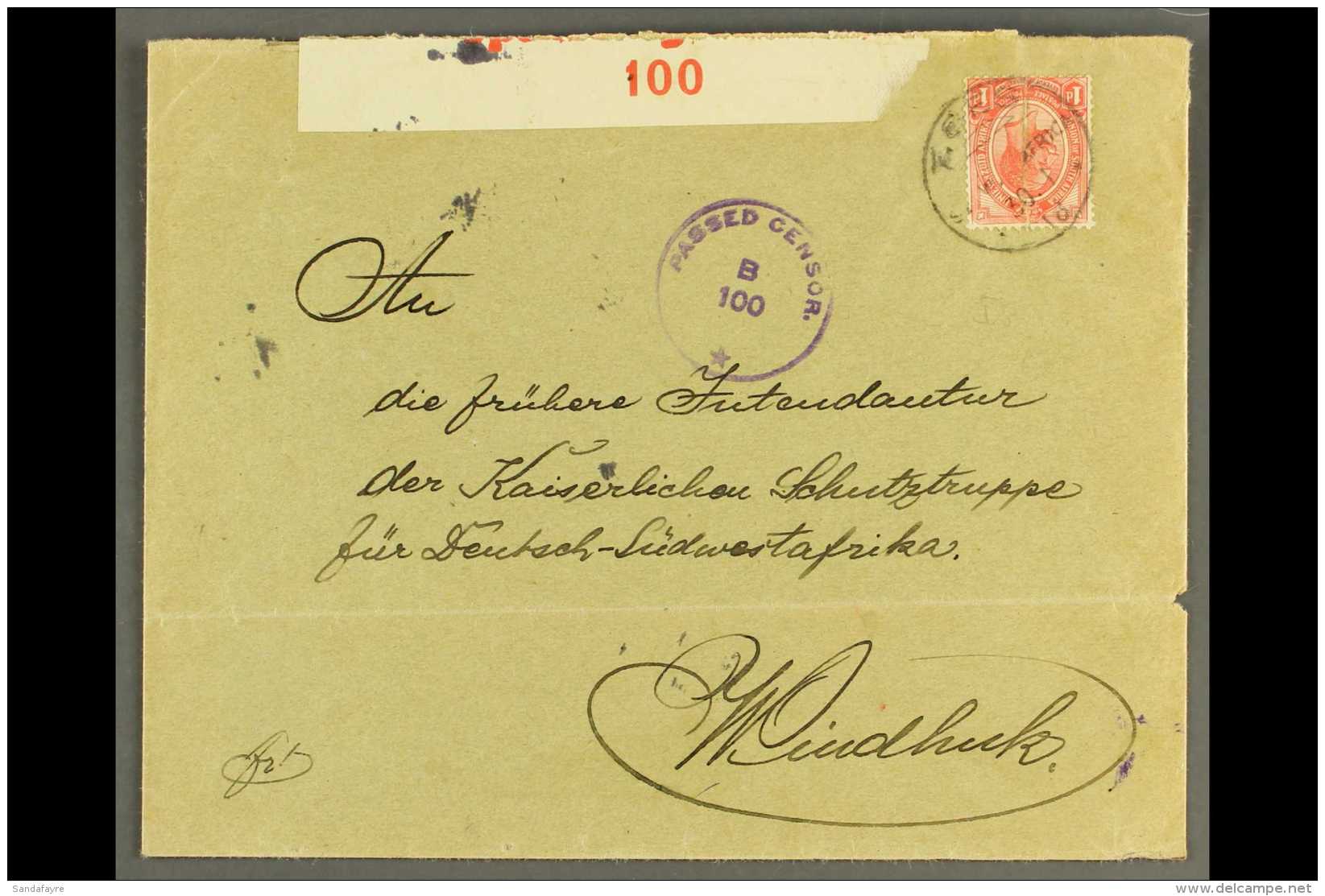 1918 (30 Jan) Cover To Windhuk Bearing 1d Union Stamp (fault) Tied By "TSES" Cds Cancel, Putzel Type B5 Oc, Violet... - South West Africa (1923-1990)
