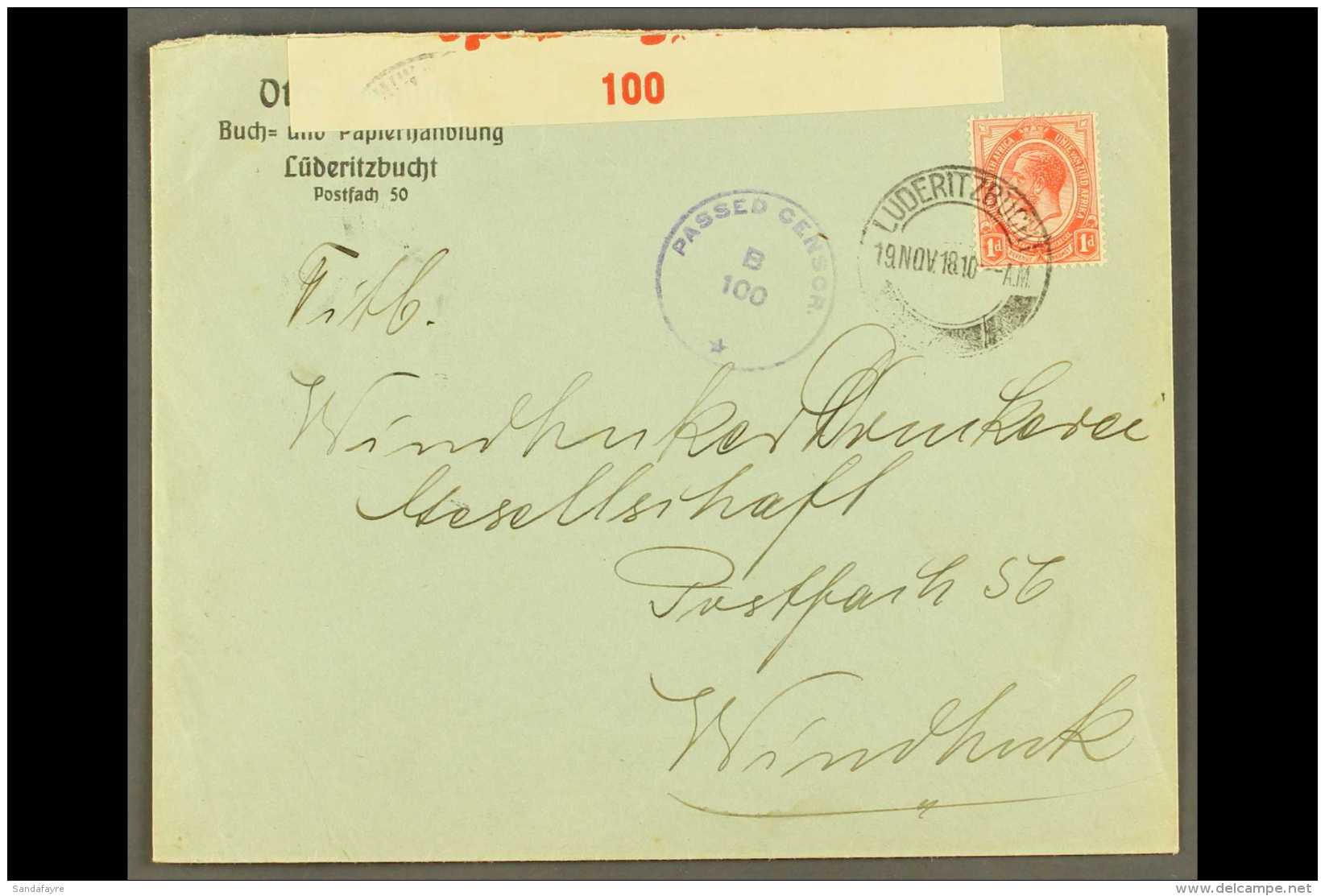 1918 (19 Nov) Printed Cover To Windhuk Bearing 1d Union Stamp Tied By "LUDERITZBUCHT" Cds Cancellation, Putzel... - Afrique Du Sud-Ouest (1923-1990)