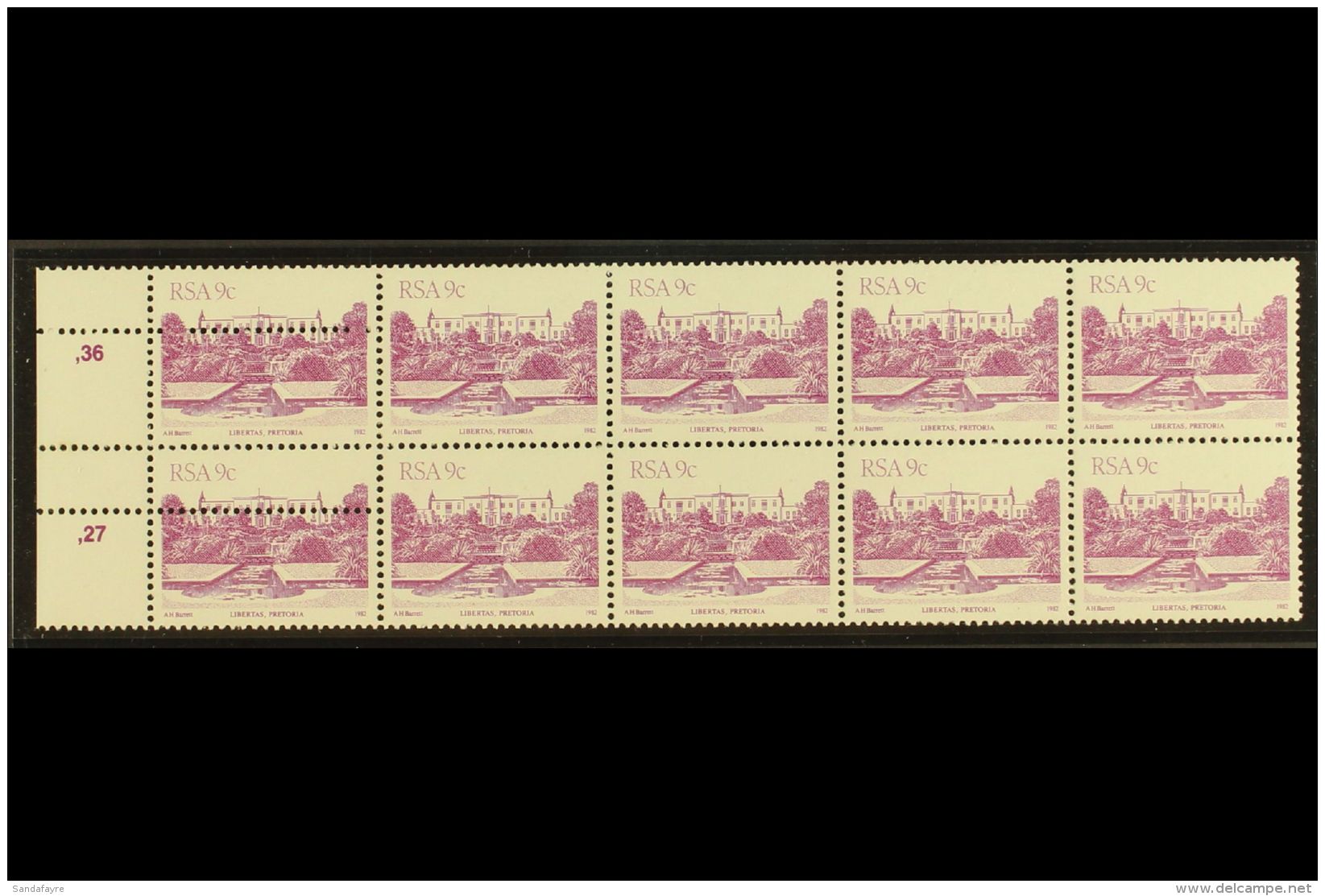 RSA VARIETY 1982 9c Buildings Definitive, Left Marginal Block Of 10 With EXTRA STRIKE OF COMB PERFORATOR In... - Ohne Zuordnung