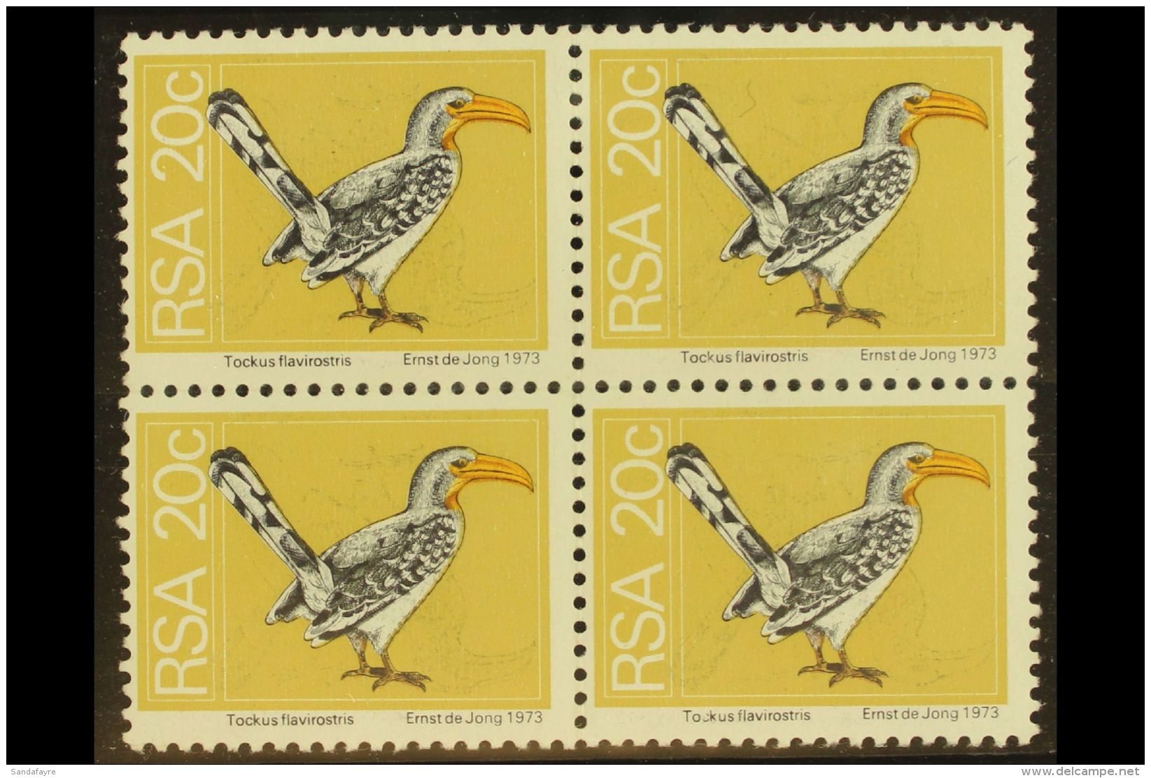 RSA VARIETY 1974 20c Yellow-billed Hornbill, Block Of 4 With INVERTED OFFSET OF BLACK PRINTING, SG 359, Never... - Ohne Zuordnung