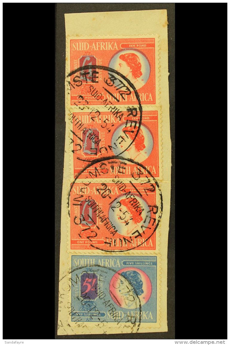 REVENUES 1954 QEII Type, &pound;1 Red &amp; Blue X3 On Piece With 5s Blue &amp; Red, Barefoot 87/8, Fine Used With... - Non Classés