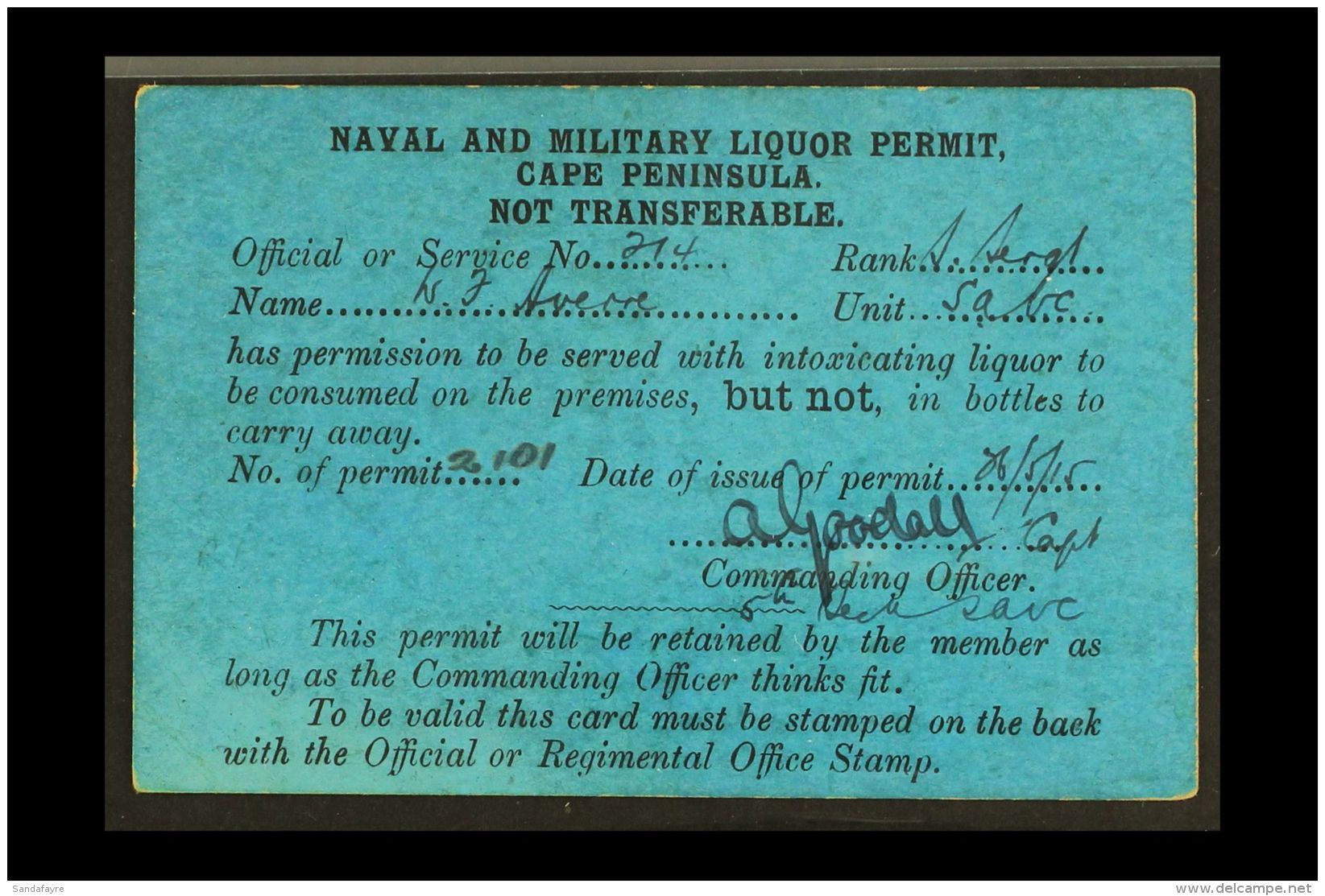 1915 Cape Peninsula NAVAL AND MILITARY LIQUOR PERMIT, Fully Completed And Signed By The Commanding Officer, With... - Zonder Classificatie