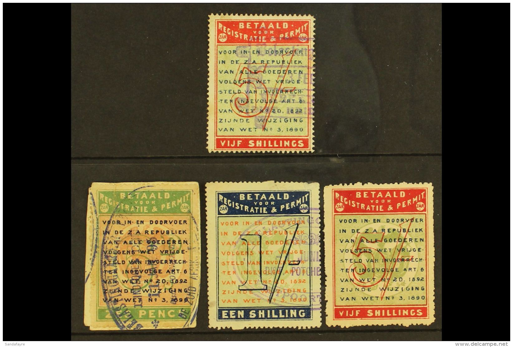 TRANSVAAL REVENUES: 1893-4 Customs Frank Fee, Incl. 1893 5s With Indistinct Coat Of Arms, 1894 6d, 1s &amp; 5s... - Non Classés