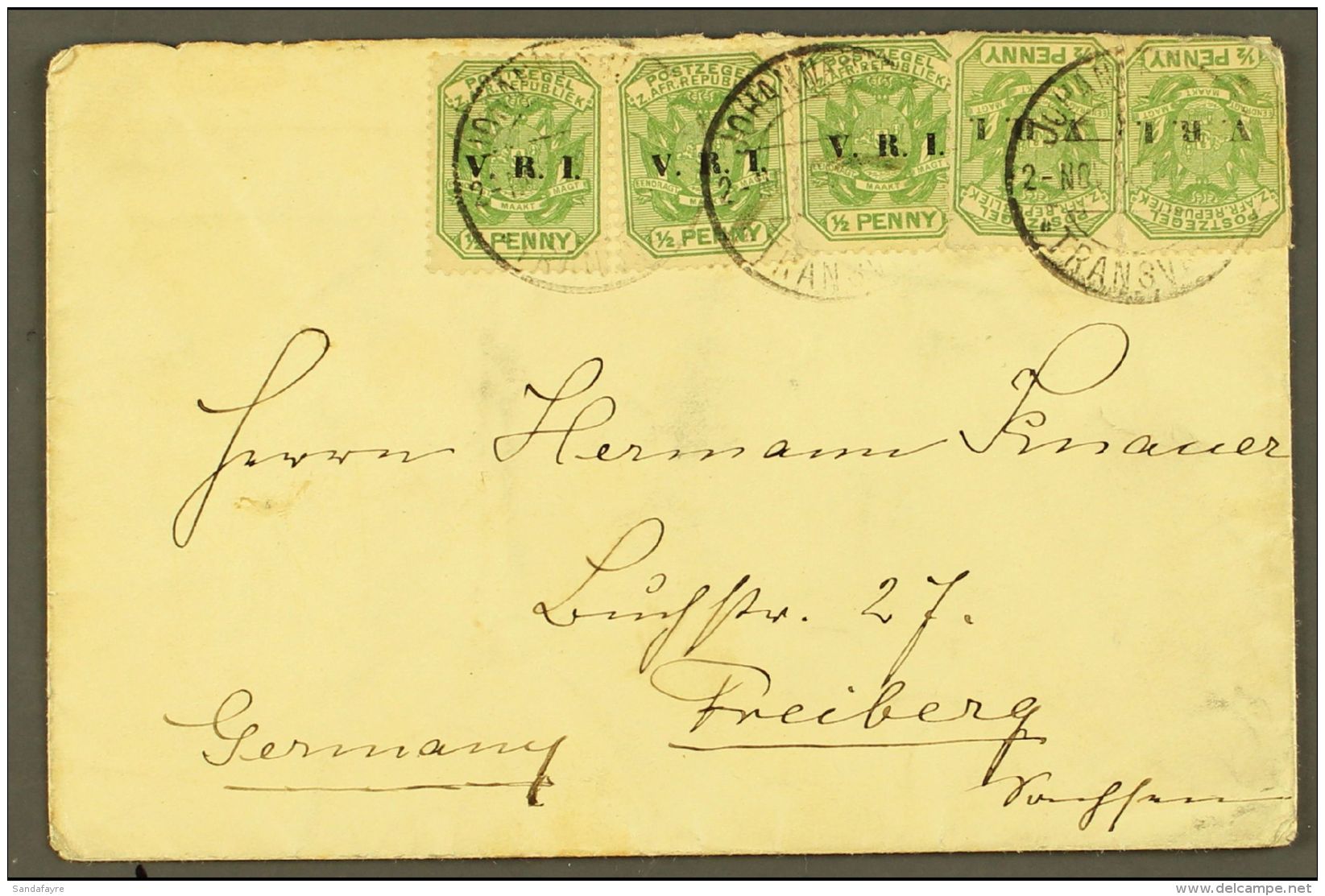TRANSVAAL 1900 Cover To Germany With 5x &frac12;d "V.R.I." Overprint Franking, 2.11.00 Johannesburg Postmark,... - Ohne Zuordnung