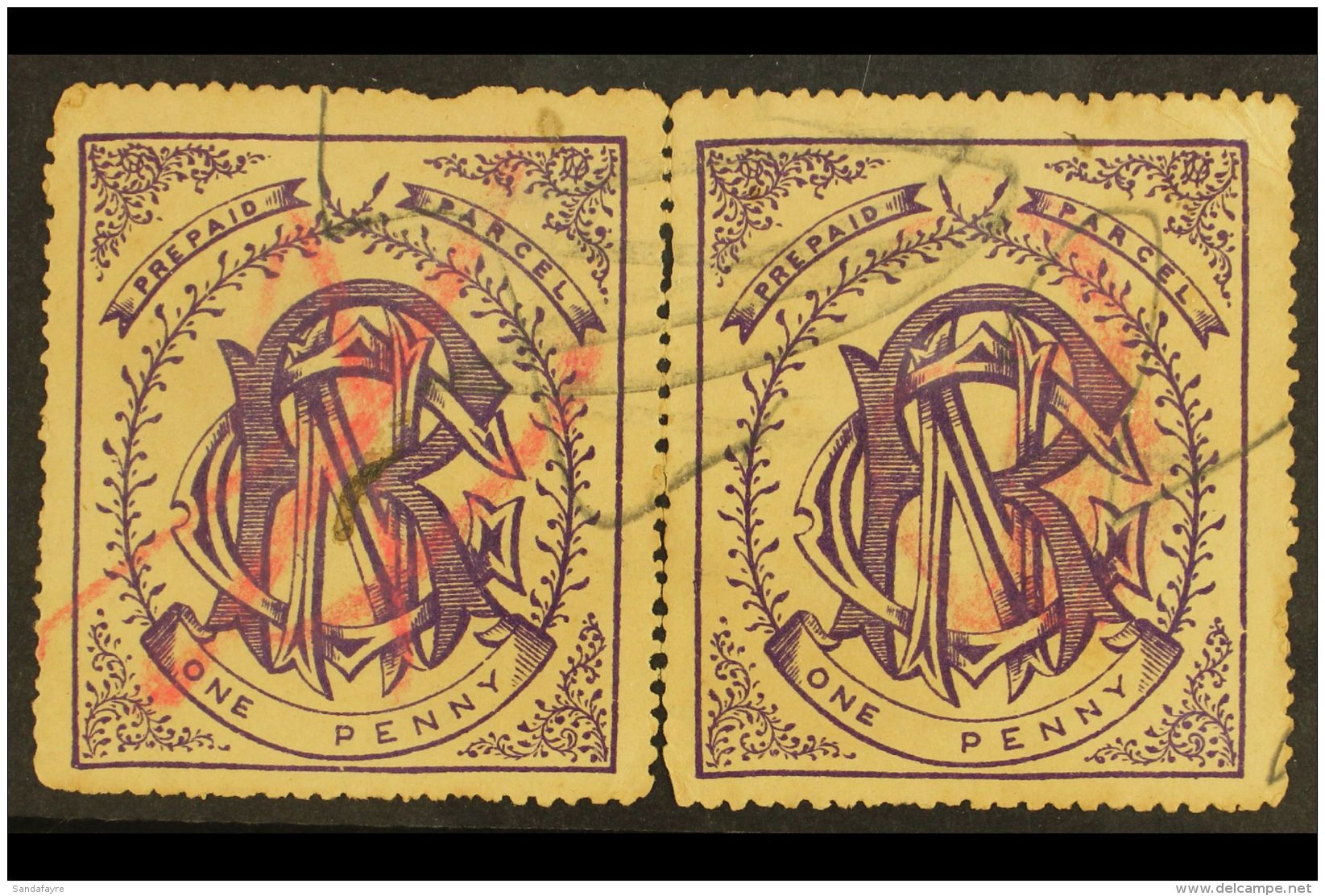 NATAL NATAL GOVERNMENT RAILWAY 1880 1d Violet Used Horizontal Pair With Pencil &amp; Crayon Cancellations. Faults... - Unclassified