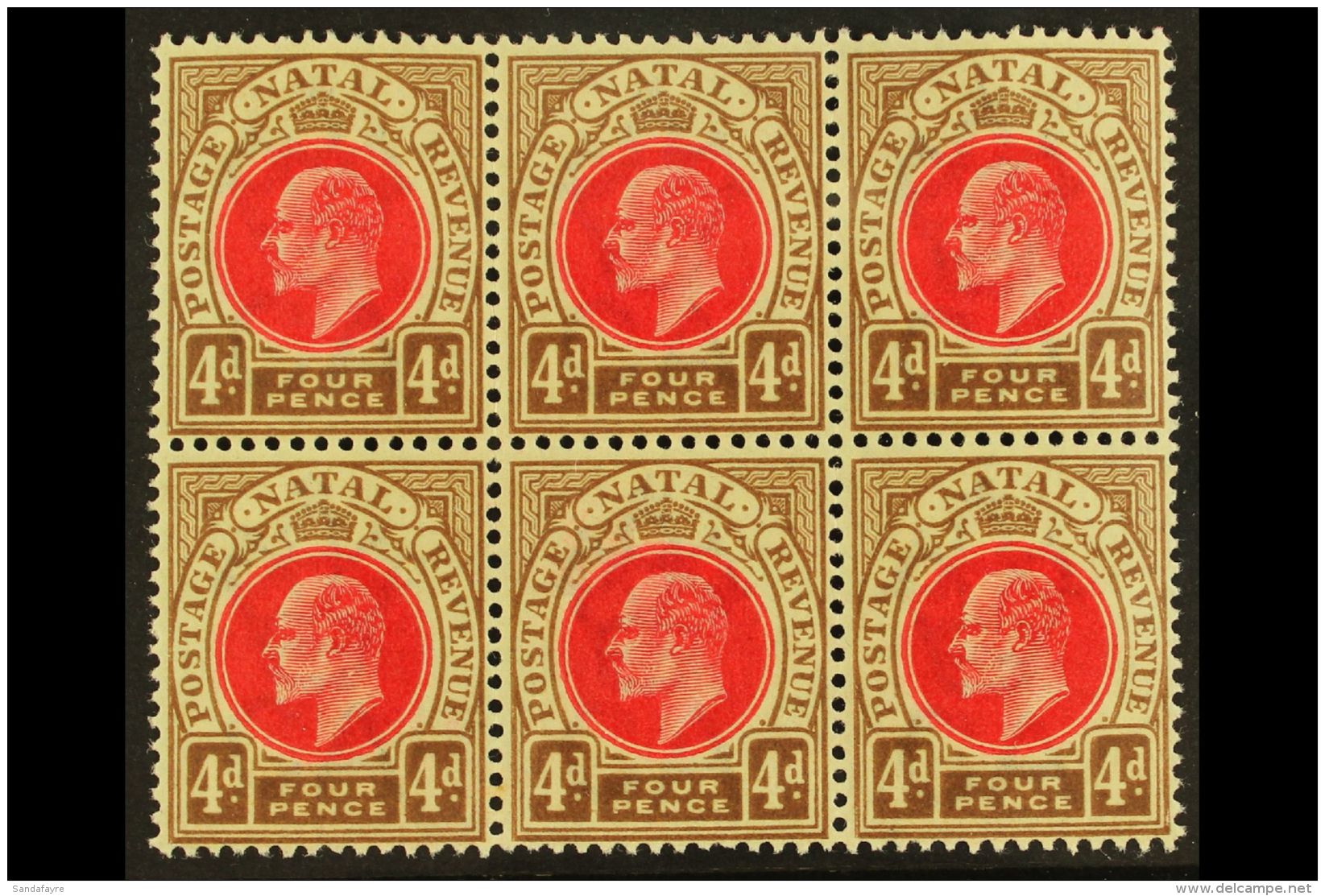 NATAL 1902-3 4d Carmine &amp; Cinnamon, Wmk Crown CA , BLOCK OF SIX, SG 133, Very Slightly Toned Gum, Otherwise... - Unclassified