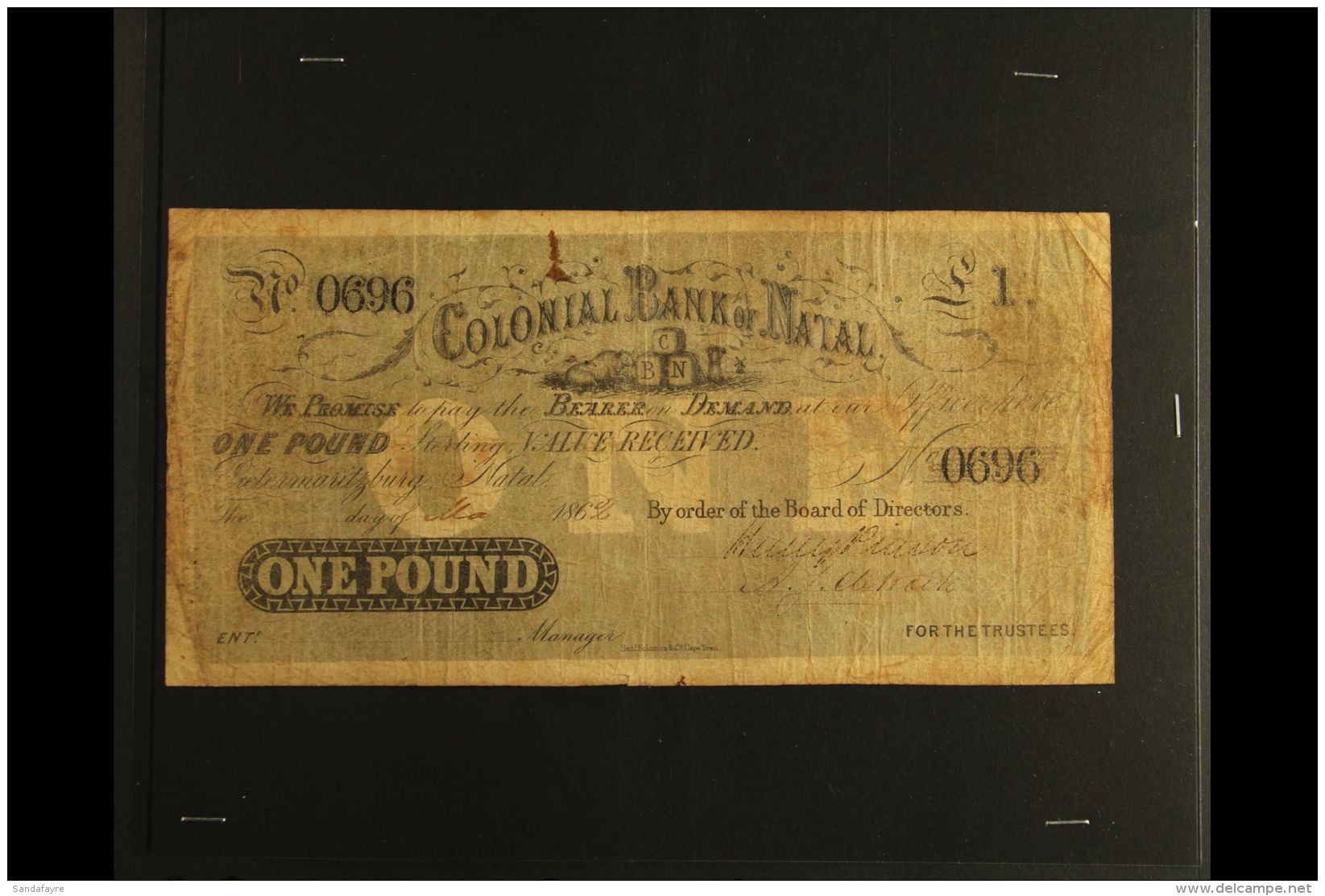 NATAL 1862 &pound;1 COLONIAL BANK OF NATAL Banknote, Intact, Soiled, Folded &amp; Pressed!. Scarce For More... - Zonder Classificatie