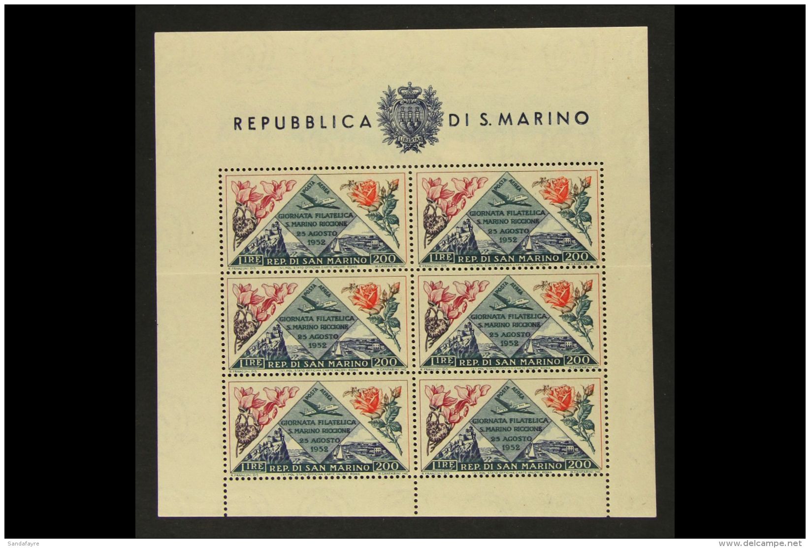 1952 200L X6 Air Stamp Day And Philatelic Exhibition Miniature Sheet, Sassone 14 Or Michel 490 Klb, Never Hinged... - Other & Unclassified