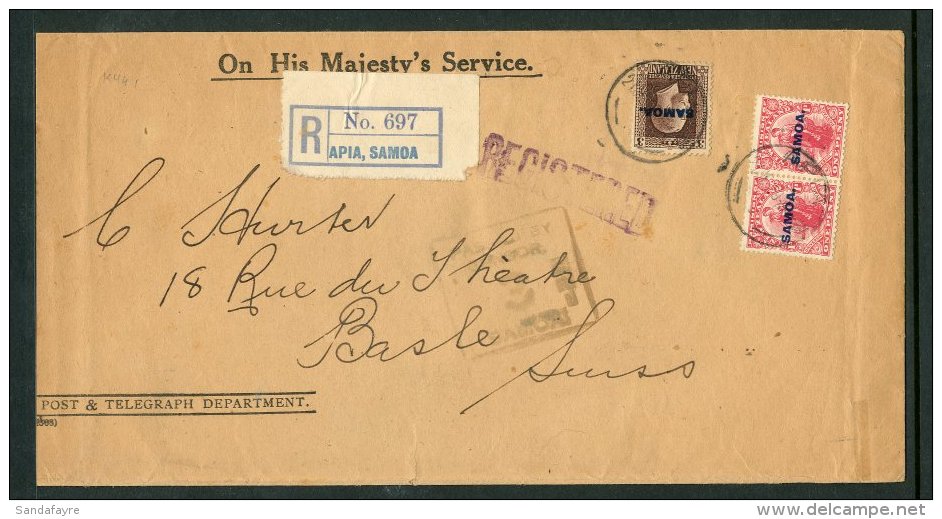 CENSOR TRIMMED COVER 1919. A OHMS Trimmed Cover To Basel, Switzerland Bearing A Pair Of 1d &amp; A 3d KGV Defin, ... - Samoa (Staat)