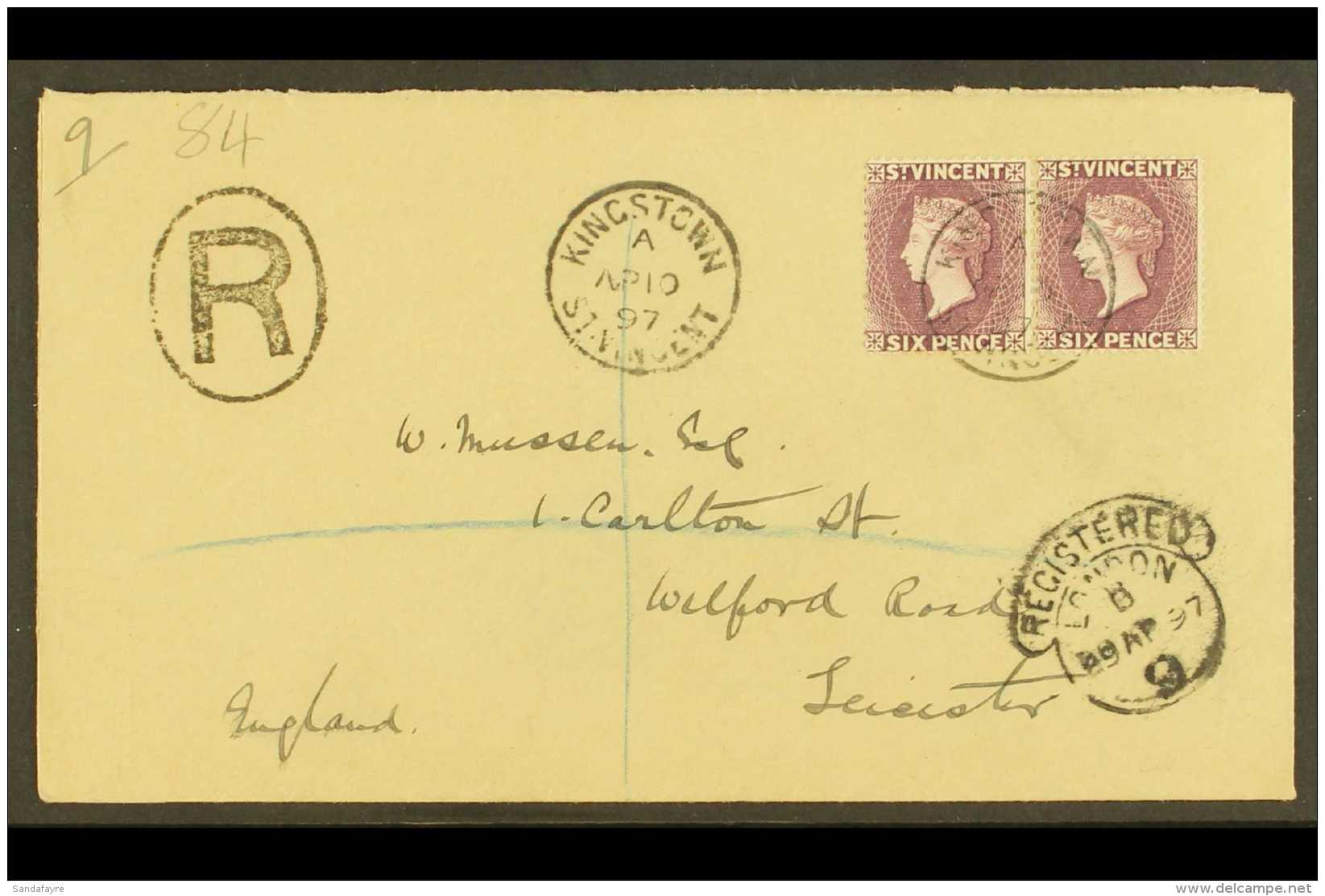 1897 Registered Cover To Leicester Franked 6d Dull Purple (2), SG 57, Tied By Neat Kingstown Cds Cancel With St... - St.Vincent (...-1979)