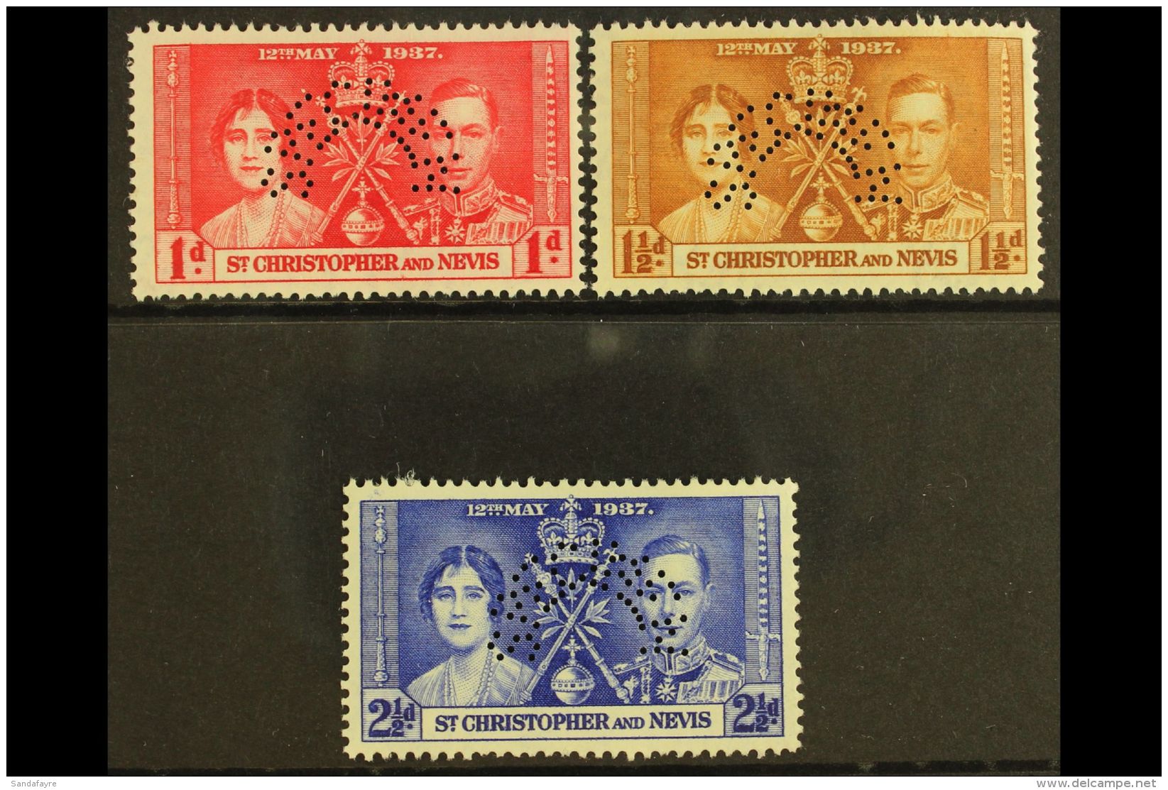 1937 Coronation Set Complete Perforated "Specimen", SG 65s/7s, Very Fine Mint. (3 Stamps) For More Images, Please... - St.Kitts En Nevis ( 1983-...)