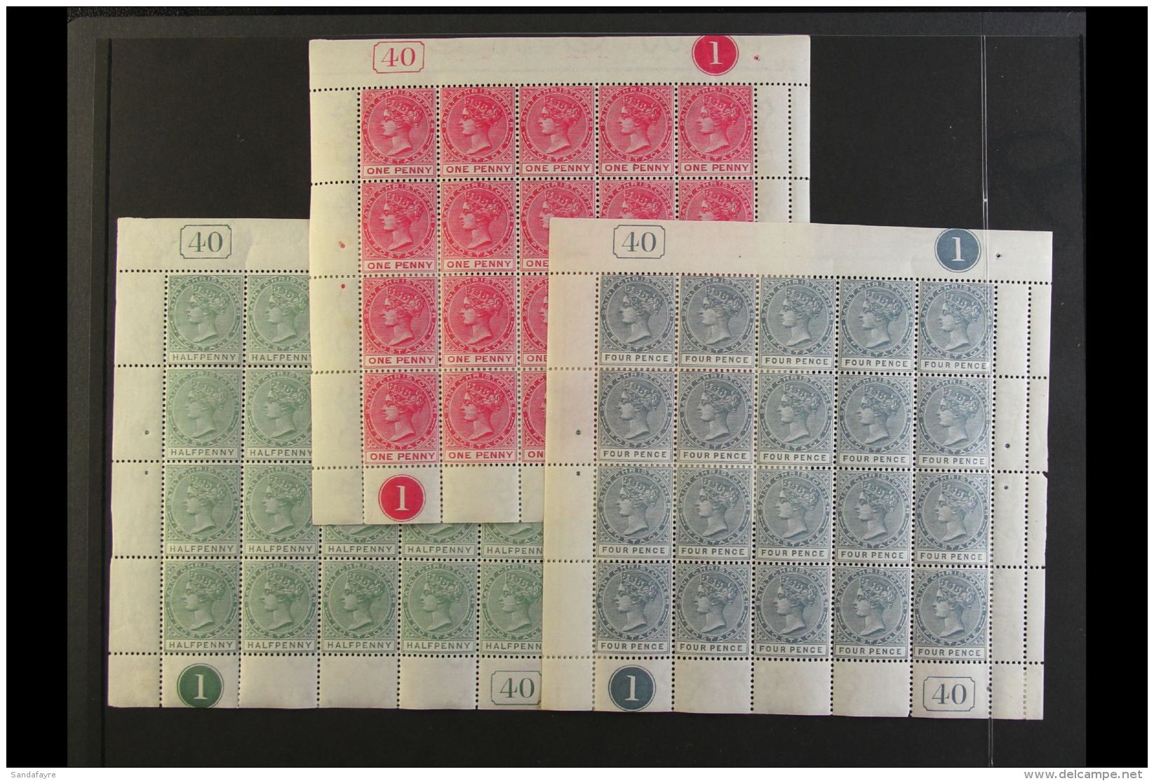 1882-90 COMPLETE SHEETS 1882-90 Watermark Crown CA &frac12;d Dull Green, SG 11, 1d Carmine-rose, SG 13, Plus 4d... - St.Christopher-Nevis & Anguilla (...-1980)