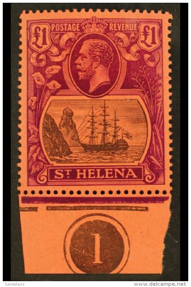 1922 &pound;1 Grey And Purple/red, SG 396, Superb Never Hinged Mint Marginal Plate Number Example. A Gem! For More... - Saint Helena Island