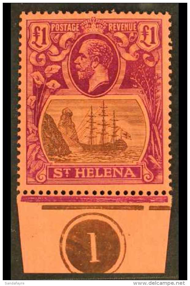 1922 &pound;1 Grey And Purple, SG 96, Very Fine Lightly Hinged Mint With PLATE NUMBER In Lower Margin. A Beauty.... - Saint Helena Island