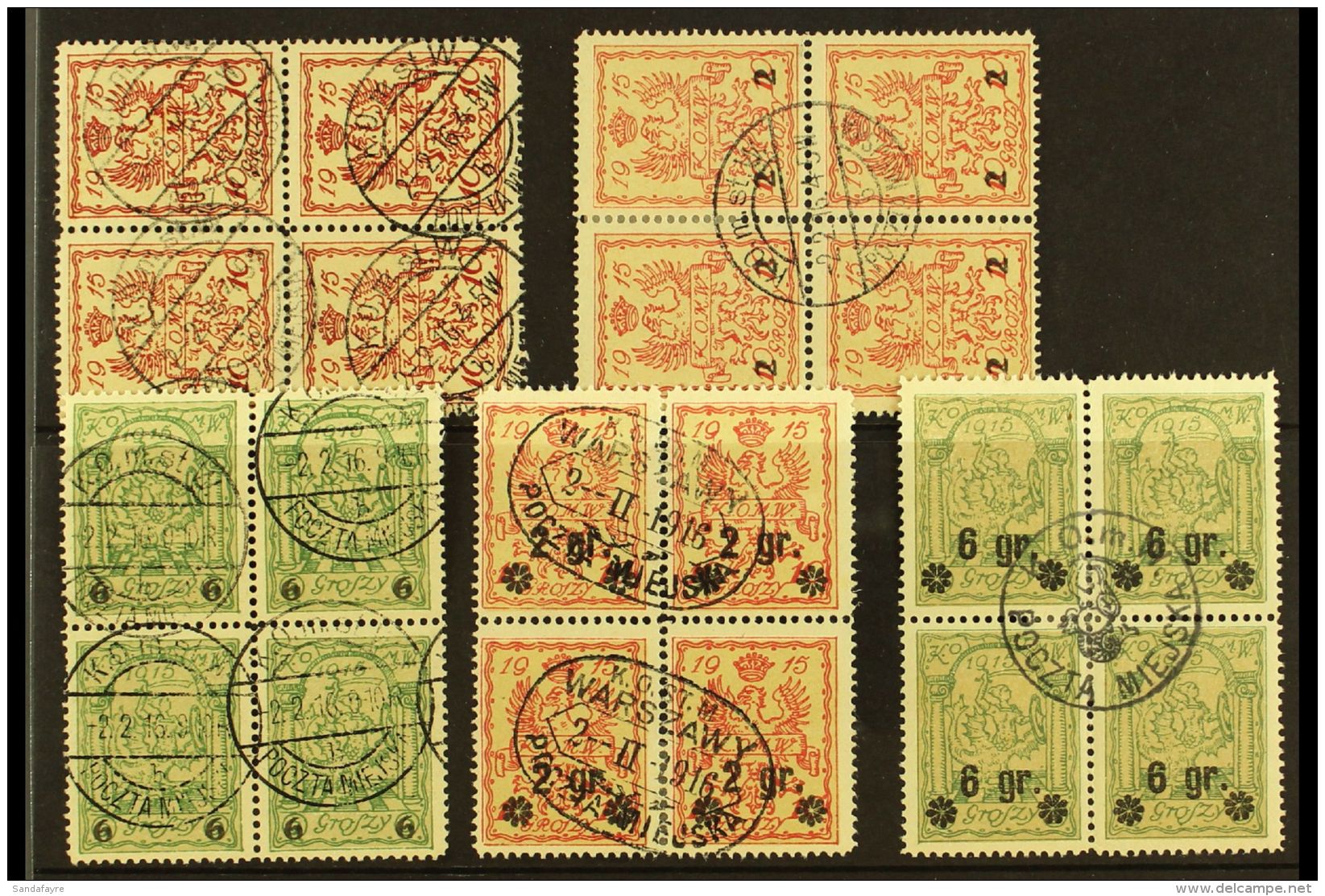WARSAW LOCAL TOWN POST 1915-1916 Very Fine Used Group Of All Different BLOCKS Of 4, Inc 1915 10g, "2" On 10g &amp;... - Andere & Zonder Classificatie