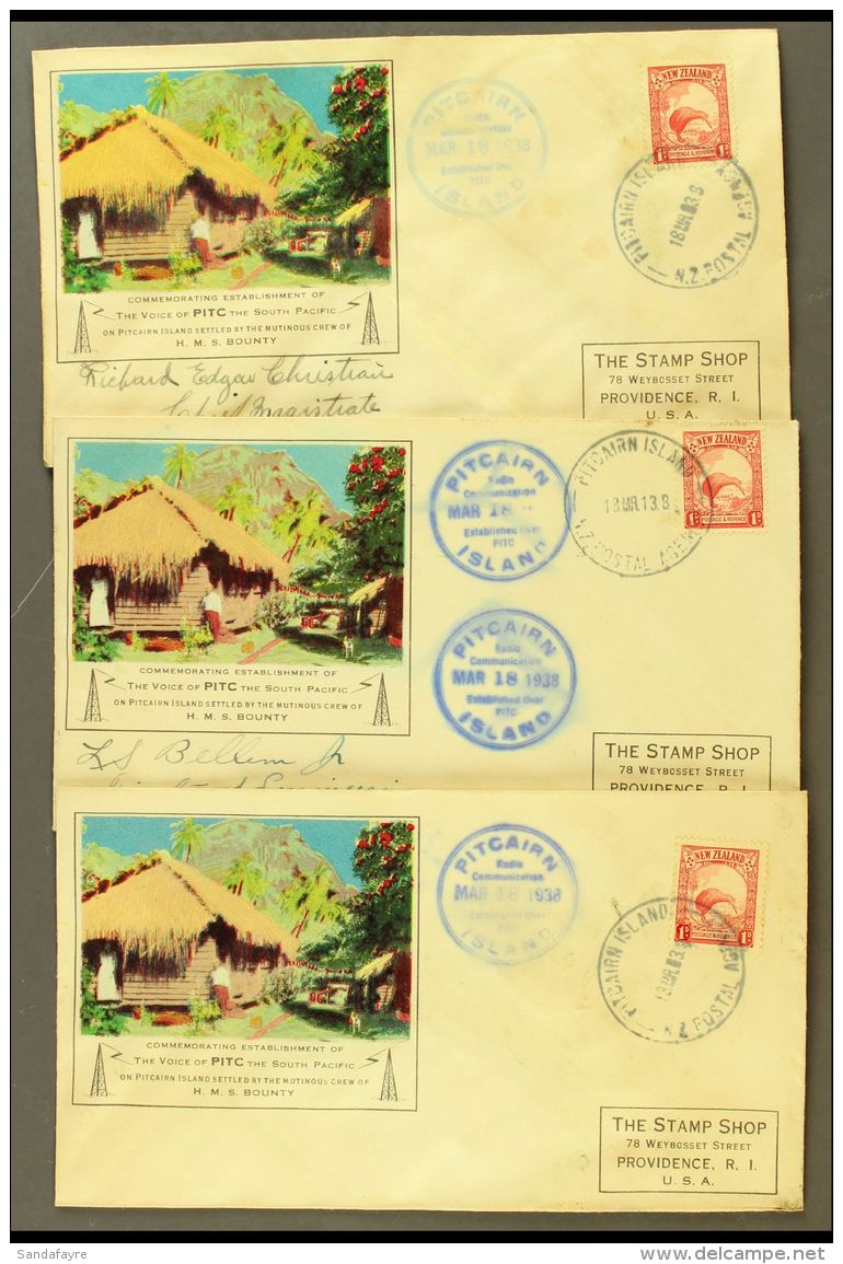 NEW ZEALAND USED IN 1938 Pitcairn Radio Communication Covers, Group Of 3, Each Franked With NZ 1d Kiwi Bird, One... - Pitcairn Islands