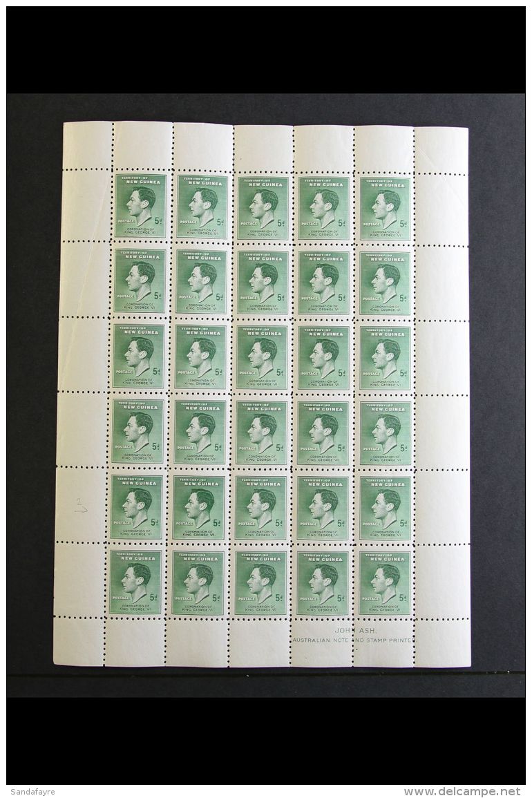 1937 5d Green Coronation, SG 210, A Complete Never Hinged Mint Sheet Of Twenty Five From Plate 2a Showing The... - Papua New Guinea