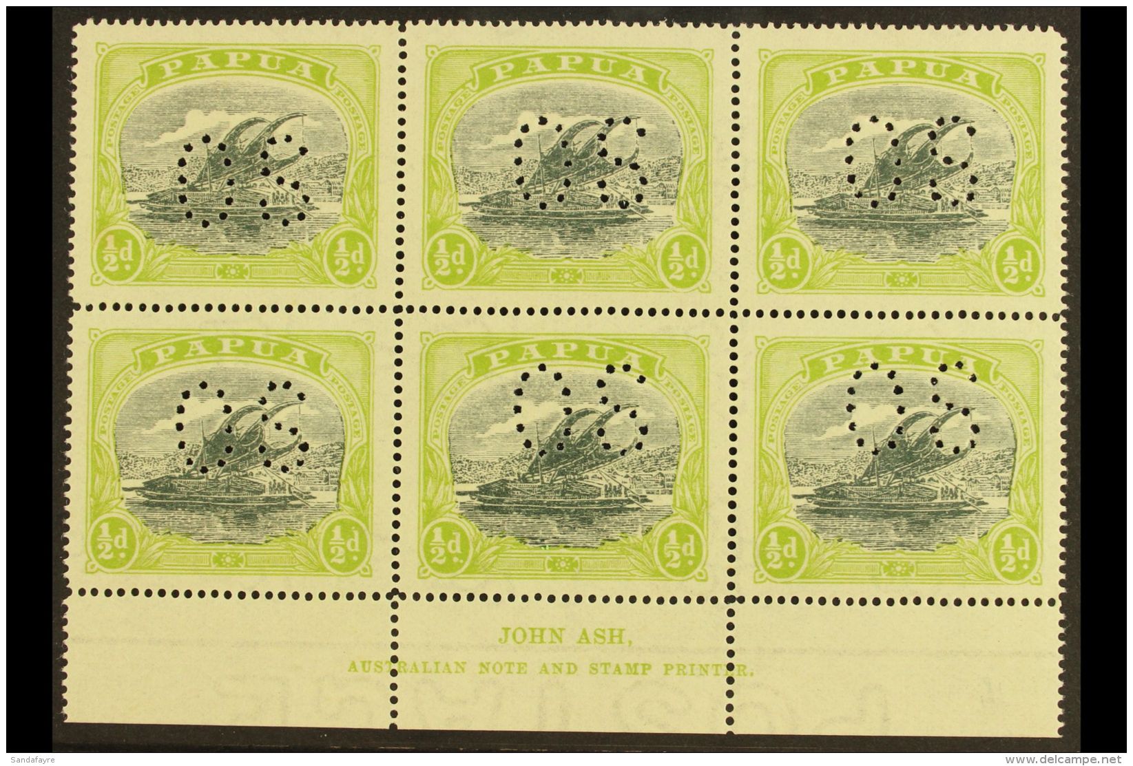 OFFICIAL 1930 &frac12;d Myrtle And Apple Green, SG O46,  ASH IMPRINT BLOCK OF SIX, Never Hinged Mint. For More... - Papua-Neuguinea