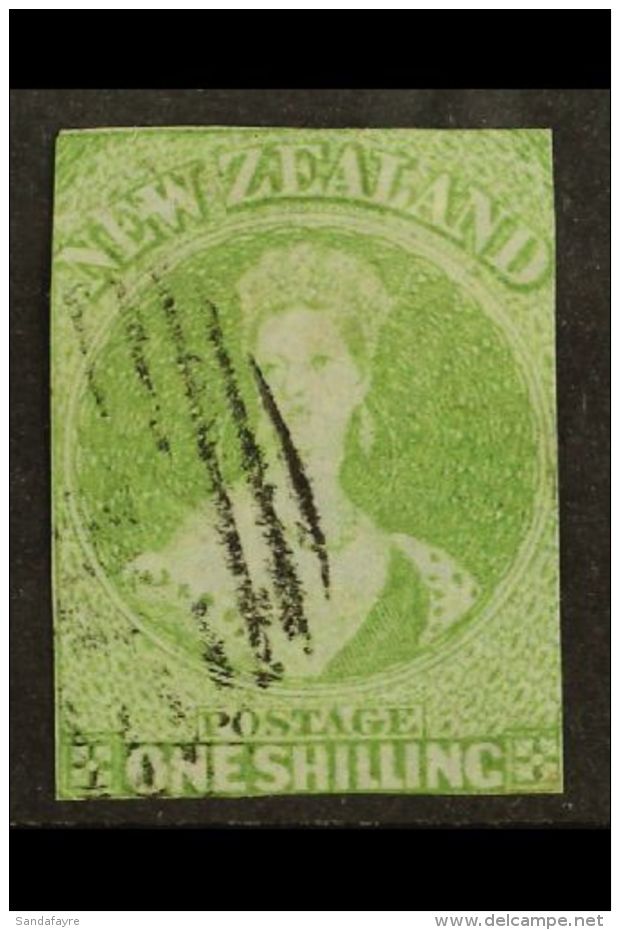 1855-58 1s Green Imperf On Blue Paper, No Watermark, SG 6, Used With Good Colour, Cut Close With Margins Just... - Andere & Zonder Classificatie