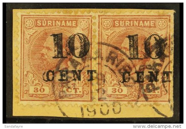 SURINAM 1898 10c On 30cent Lilac Brown, Horizontal Pair, Variety "double Overprint", NVPH 33fa, Fine Used On... - Other & Unclassified