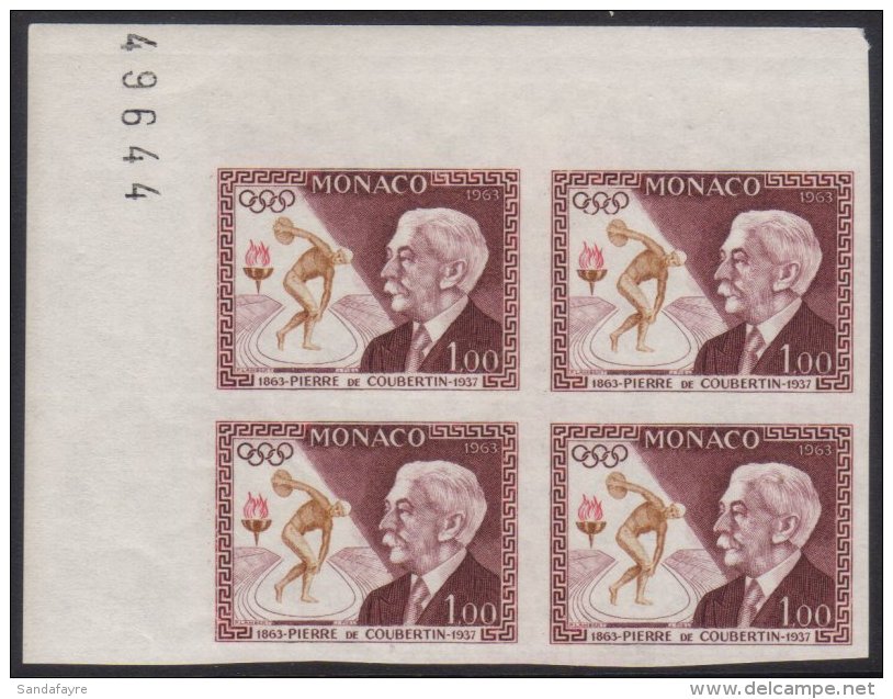 1963 1fr Sporting Anniversaries (Pierre De Coubertin, Olympics) IMPERF, Yv 635a, A Superb Never Hinged Mint Corner... - Autres & Non Classés